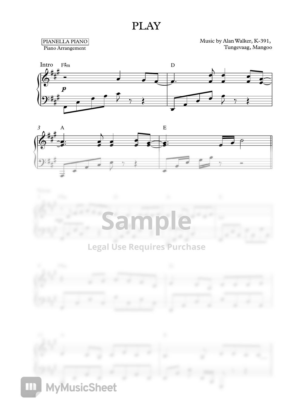 Play – Alan Walker , K-391, Tungevaag, Mangoo – Piano Version Sheet music  for Piano (Solo)