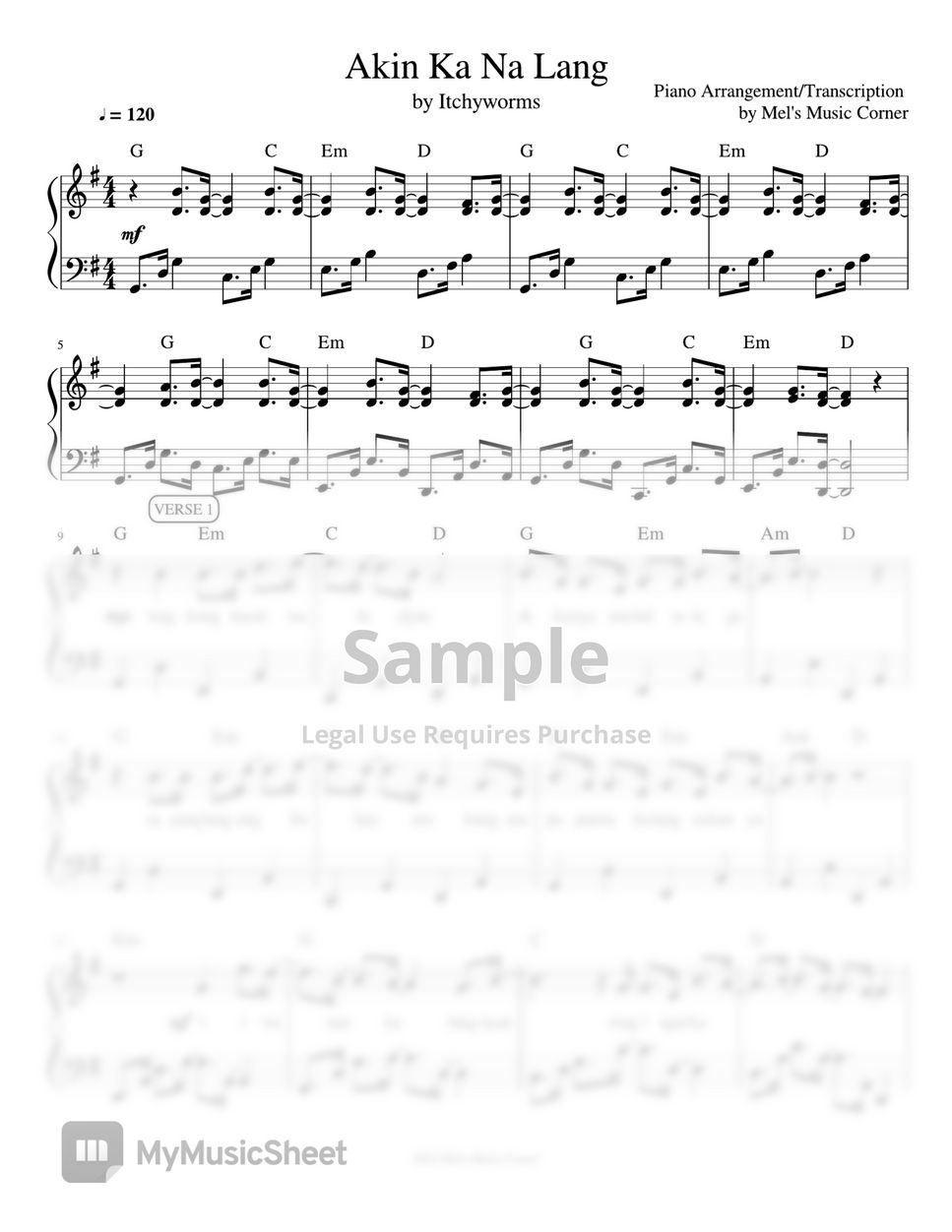 Itchyworms - Akin Ka Na Lang (piano sheet music) by Mel's Music Corner