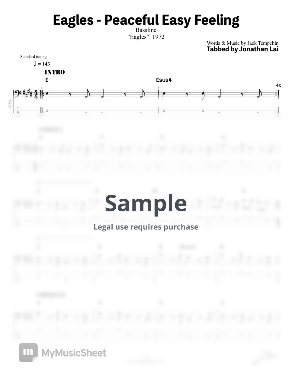 Eagles - Peaceful Easy Feeling (Bass Guitar Score) 악보 by Jonathan Lai