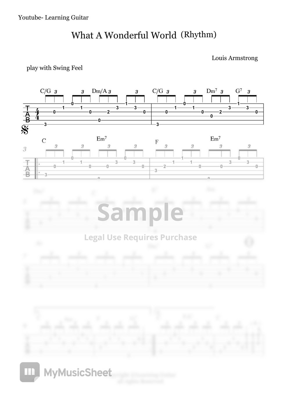 Luis Armstrong What a Wonderful World (Rhythm TAB) Notenblatt by