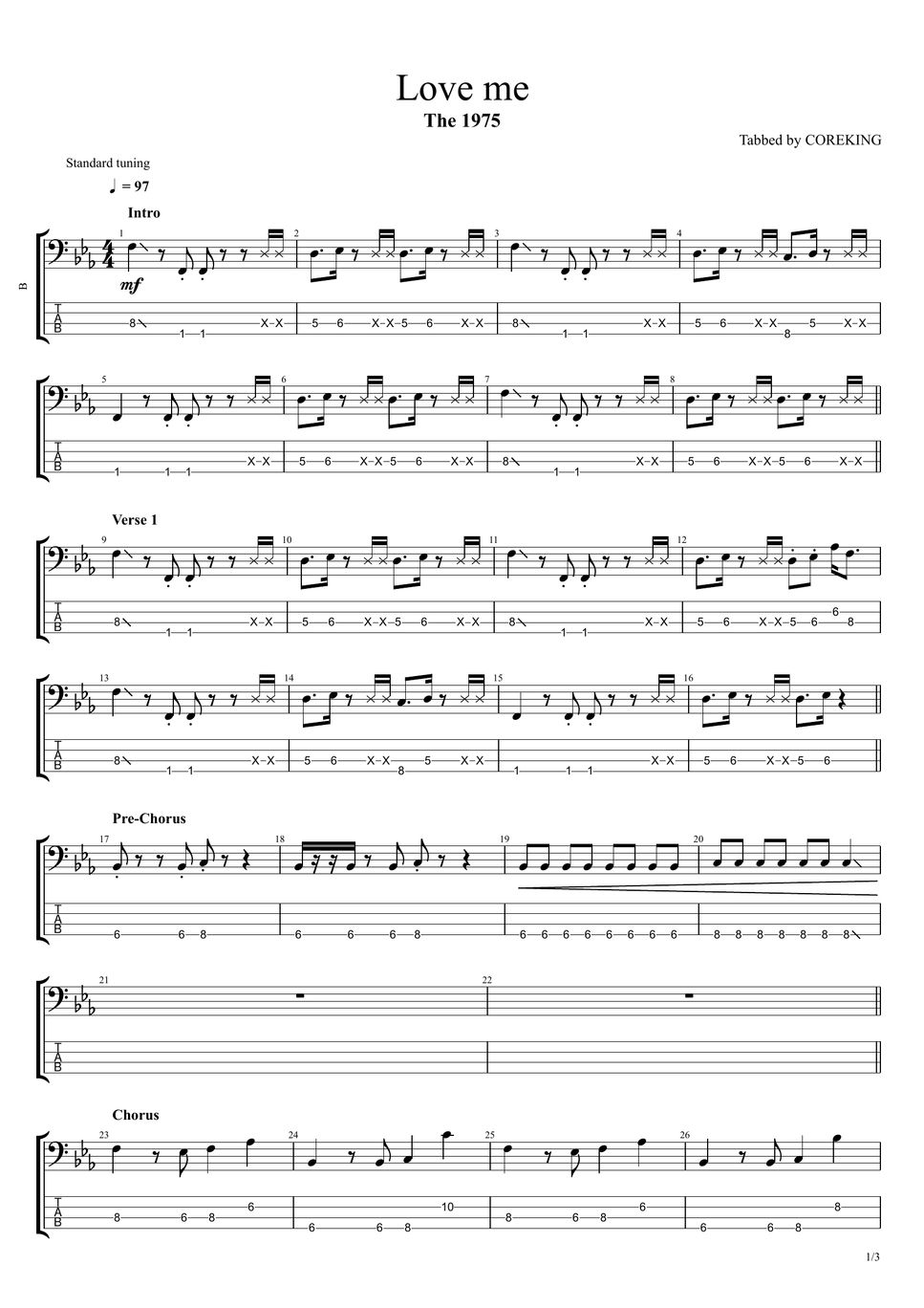 The 1975 Love me (BASS TAB) 악보 by COREKING