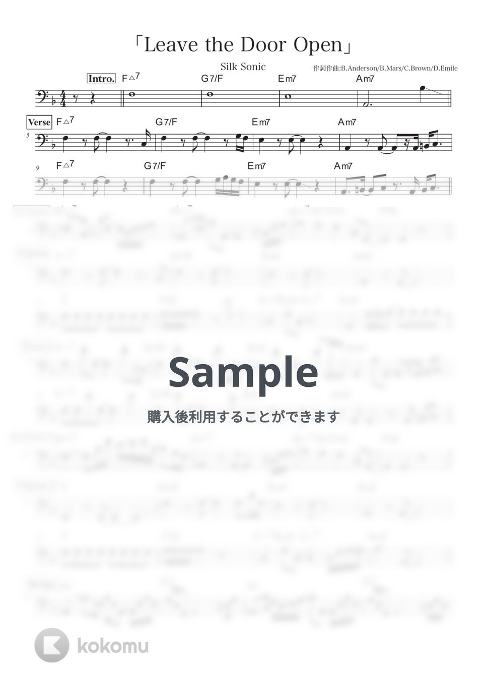 Bruno Mars, Anderson .Paak, Silk Sonic - Leave the Door Open (ベース譜/五線譜のみ) by きどりん