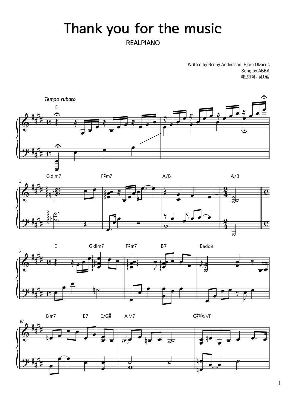 ABBA Thank you for the music Sheets by 낮사람 Realpiano