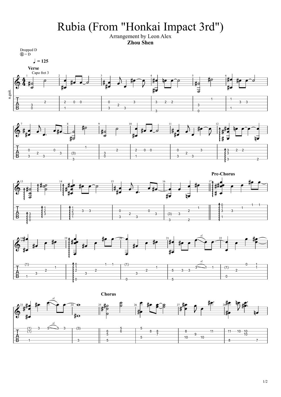 Zhou shen rubia from honkai impact 3rd fingerstyle sheets by