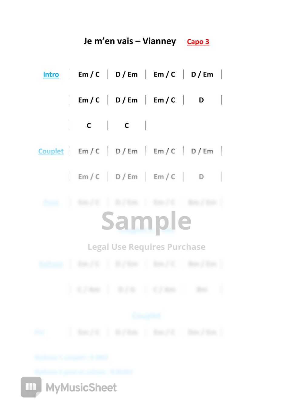 Vianney Je m'en vais Sheets by Accords et rythme pour guitare