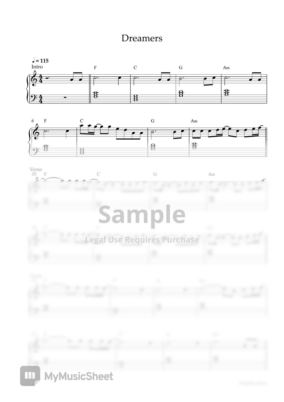 Jung Kook - Dreamers (MEDIUM PIANO SHEET) by Pianella Piano