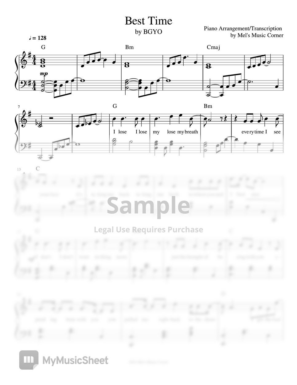 BGYO Best Time (piano sheet music) Sheets by Mel's Music Corner