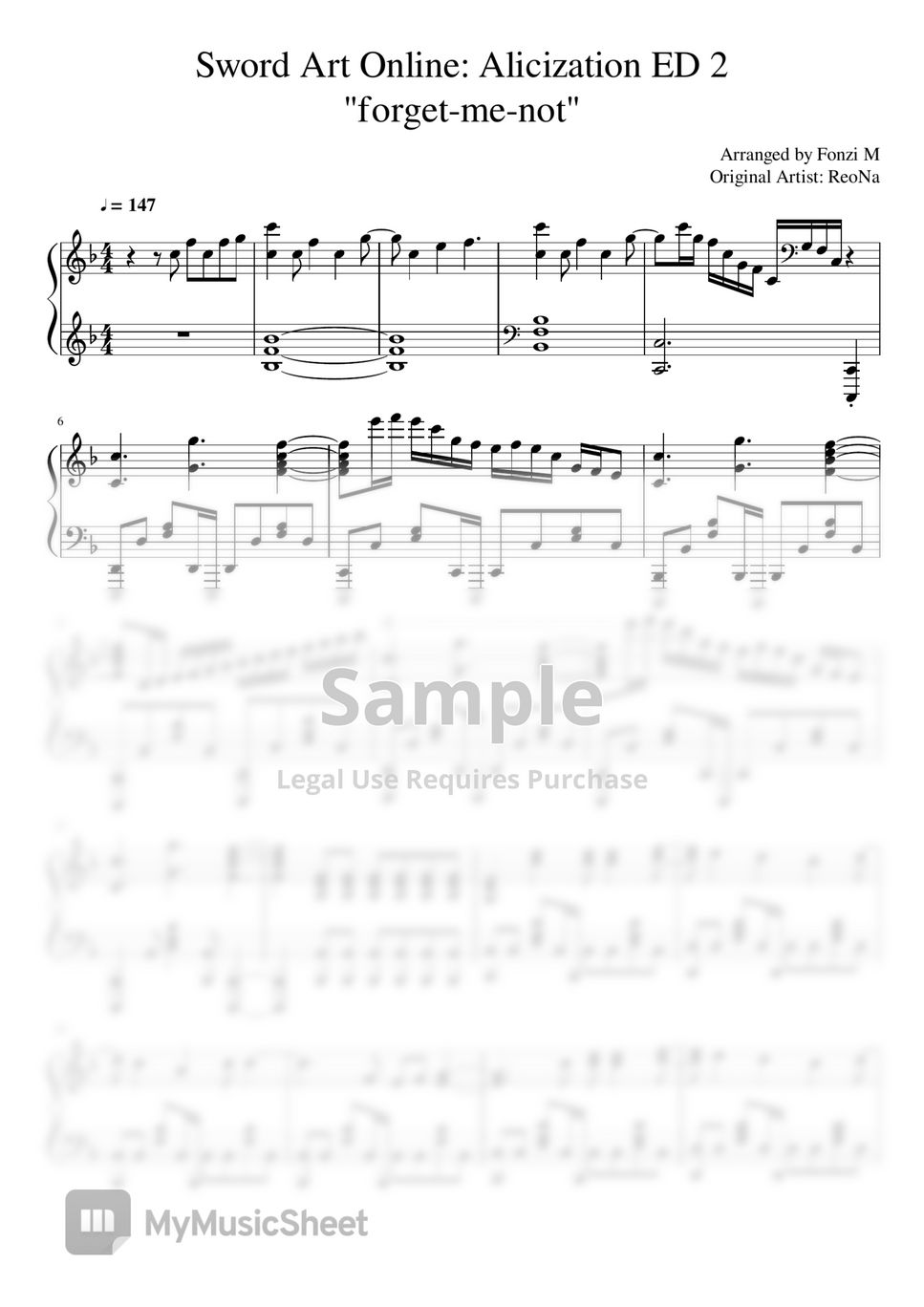 ReoNa Sword Art Online Alicization ED 2 악보 by Fonzi M