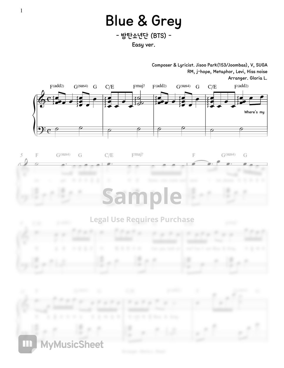 방탄소년단 (BTS) - Blue & Grey (Transpose key) 악보 by Gloria L.