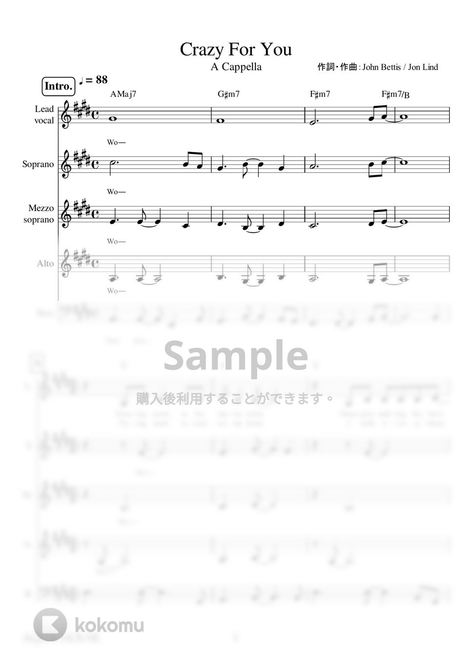 Madonna - Crazy For You (アカペラ楽譜♪5声ボイパなし) by 飯田 亜紗子
