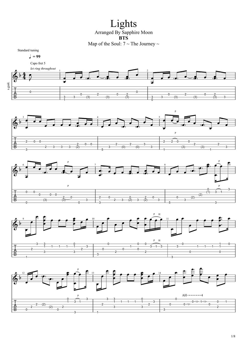 BTS (방탄소년단) Lights [Fingerstyle Guitar] 曲谱 + 单线谱 by Sapphire Moon