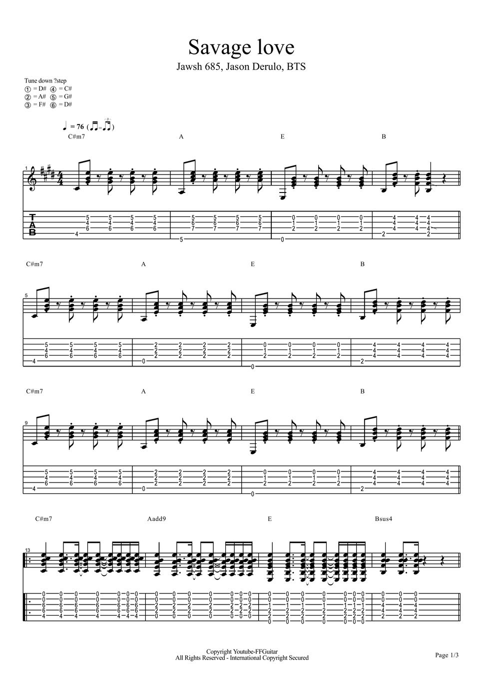 Jawsh 685, Jason Derulo, BTS - Savage Love Guitar cover Sheets by FFguitar