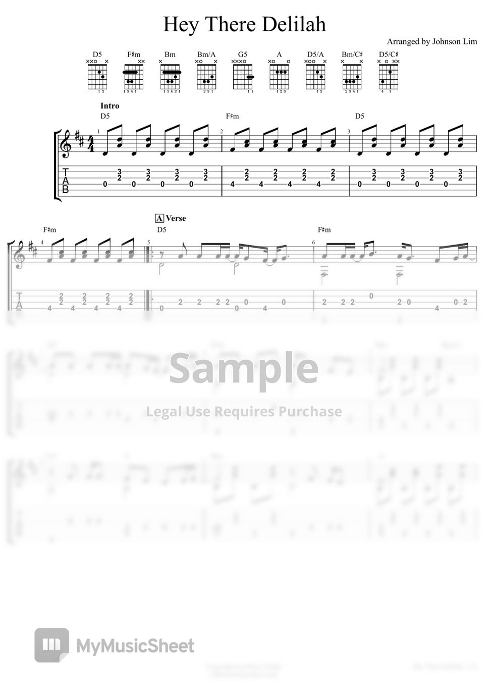 Plain White T's Hey There Delilah (Guitar Fingerstyle) Tab + 1staff