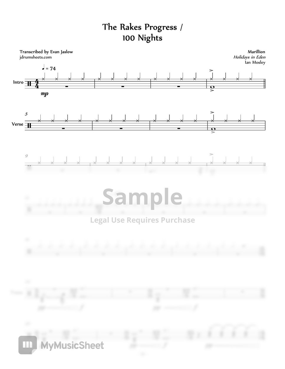 Marillion The Rakes Progress / 100 Nights 樂譜 by Evan Jaslow