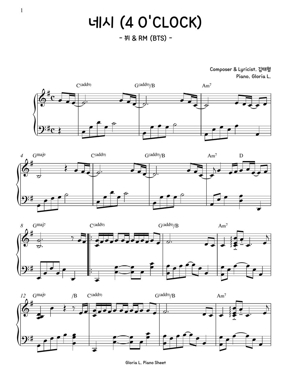 V & RM (BTS) 4 O'CLOCK 楽譜 by Gloria L.