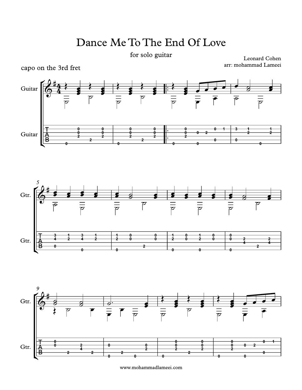 Leonard cohen dance me to the end of love tab 1staff by mohammad lameei