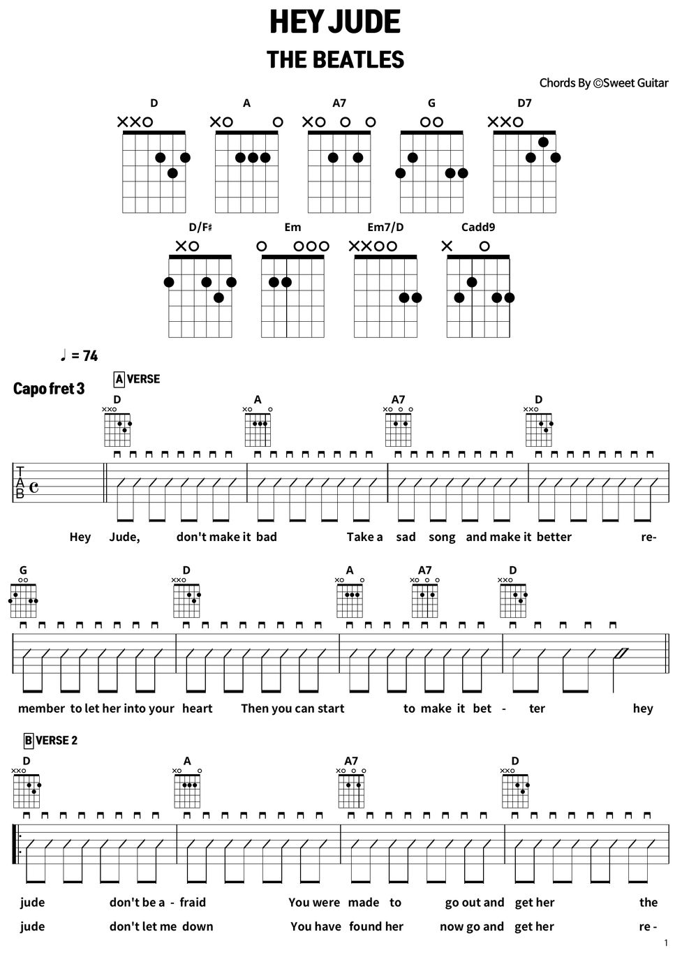 Hey Jude Easy Guitar Chords Chart ㅣ 헤이쥬드 쉬운 기타 코드악보 비틀즈 Beatles Tutorial Sheets 