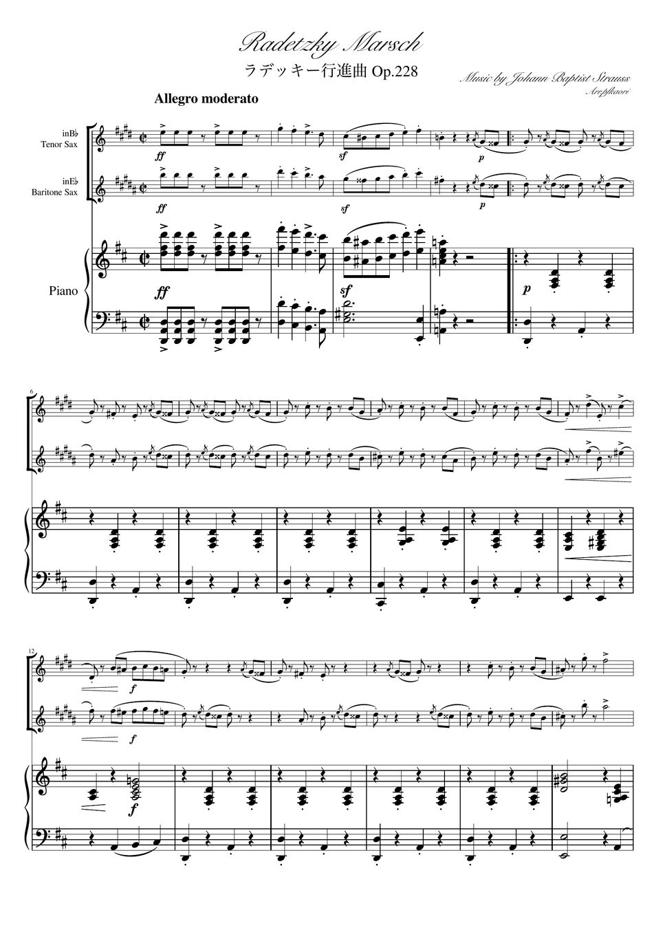 Johann Strauss I - Radetzky Marsch (D・Piano trio/tenor Sax & baritone Sax) by pfkaori