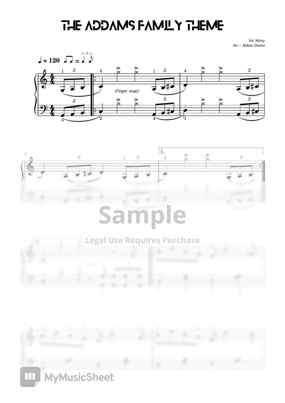 Vic mizzy the addams family theme beginner level sheets by aldora