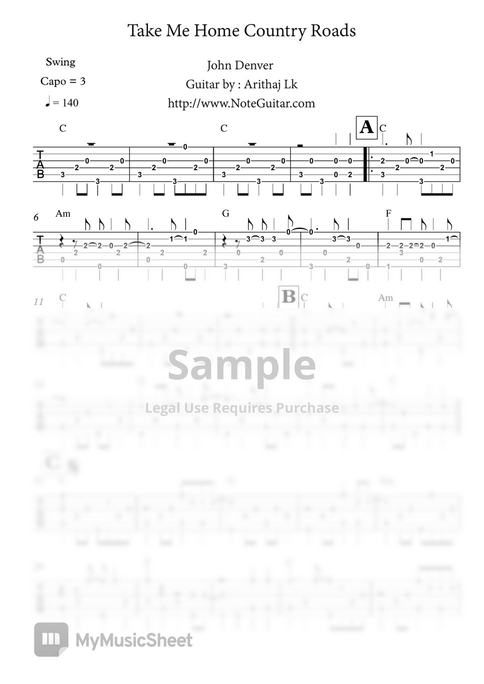 John Denver Take Me Home Country Roads Fingerstyle Guitar Sheets by
