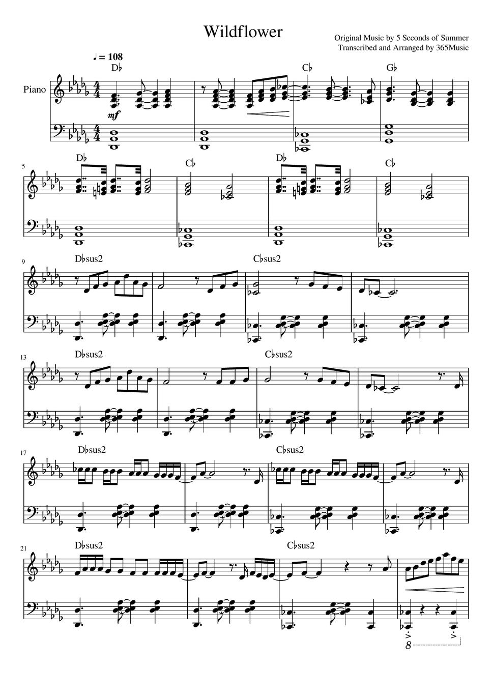 5 Seconds of Summer Wildflower 5SOS Sheet by 365Music