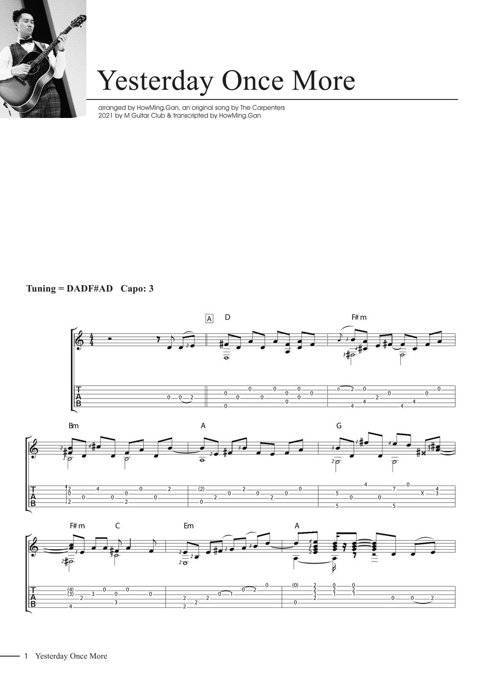 The Carpenters Yesterday Once More Fingerstyle (DADFAD capo 3) Tab