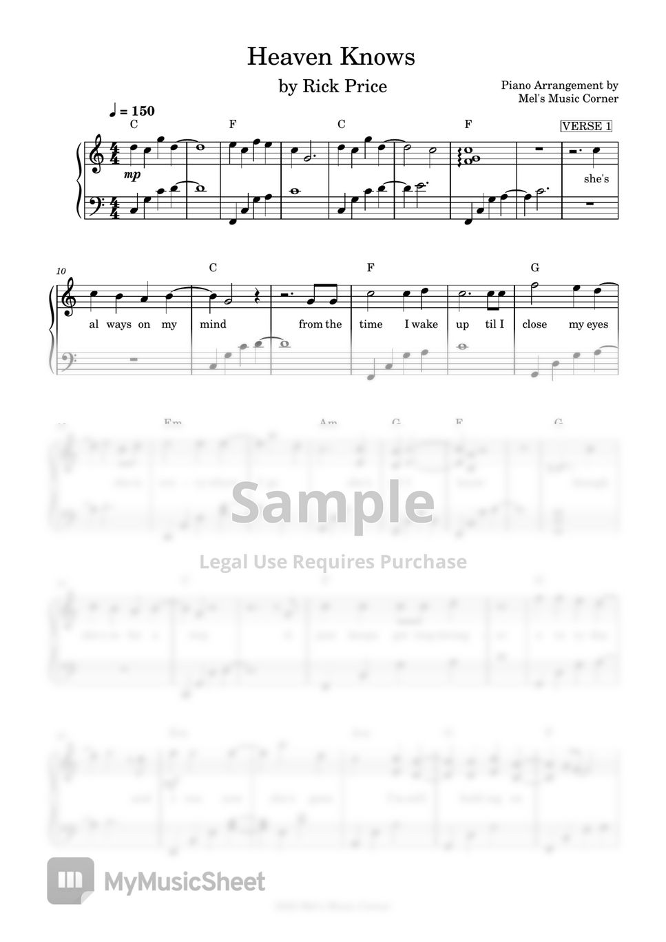 Rick Price Heaven Knows (piano sheet music) Sheets by Mel's Music Corner