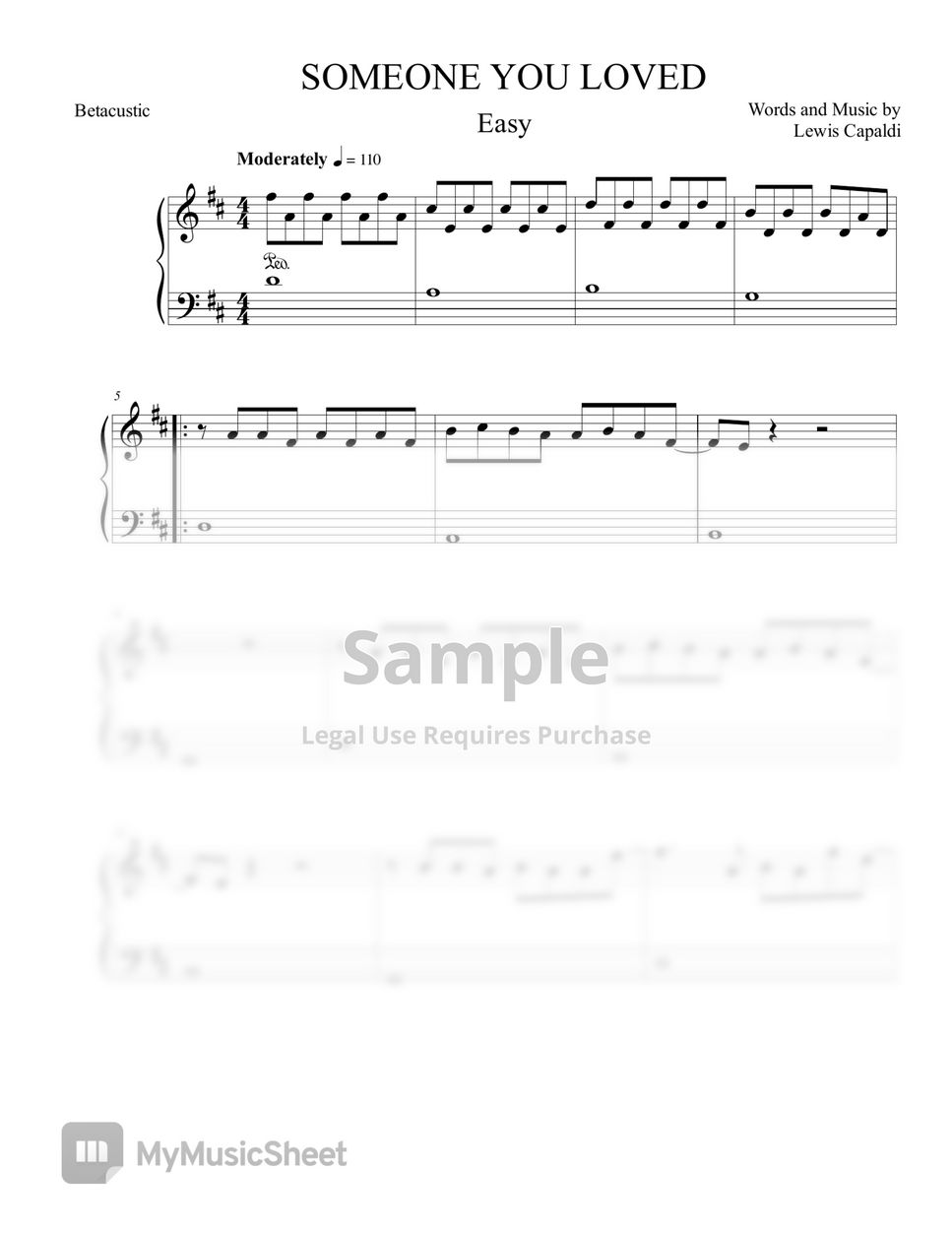 Lewis Capaldi Someone You Loved Easy Piano Sheets By Betacustic