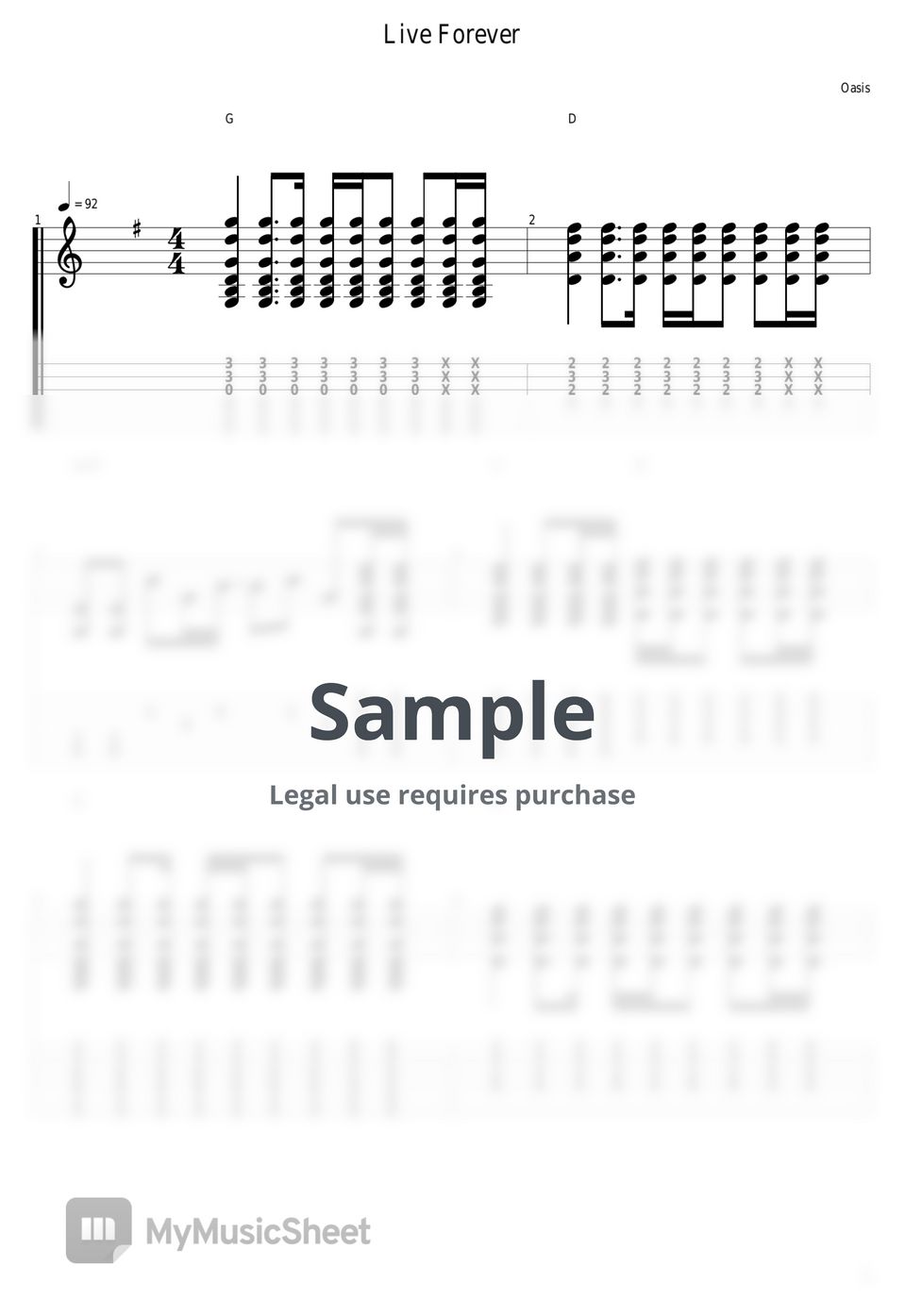 Oasis - Live Forever Tab + 1staff by guitar cover with tab