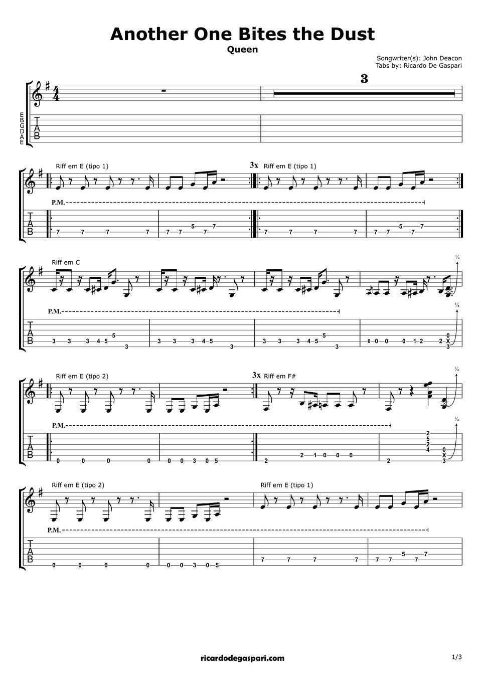 Queen - Another One Bites The Dust (for one guitar) Sheets by Ricardo ...