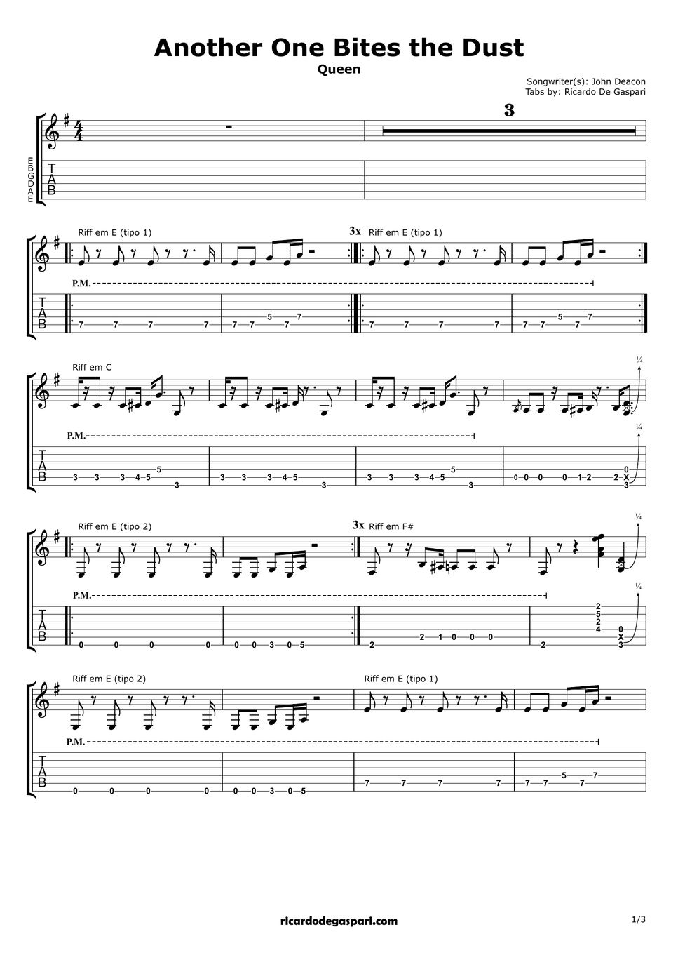 Queen Another One Bites The Dust (for one guitar) Hoja by Ricardo De Gaspari