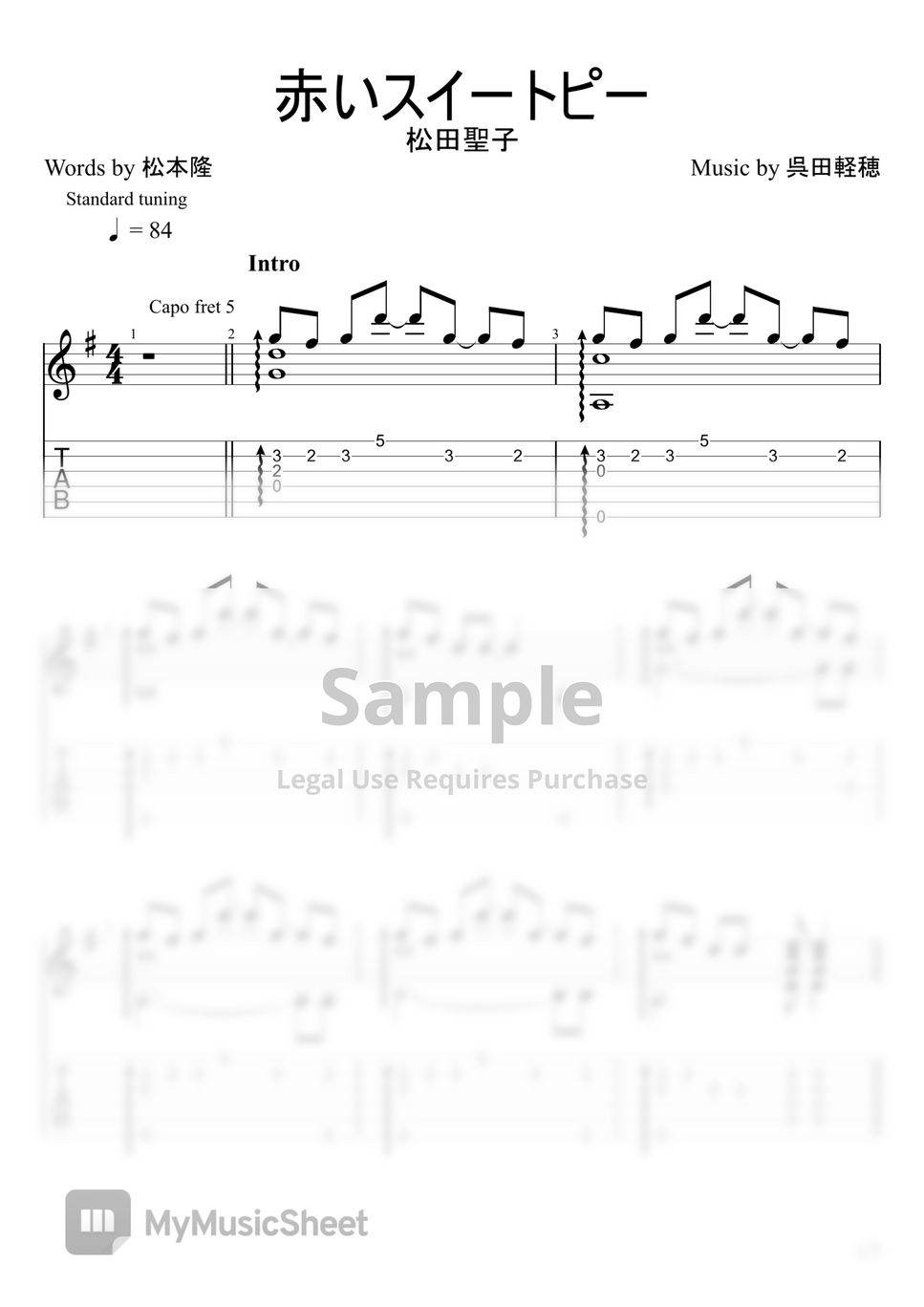 Seiko matsuda akai sweet pea fingerstyle sheet music by u3danchou