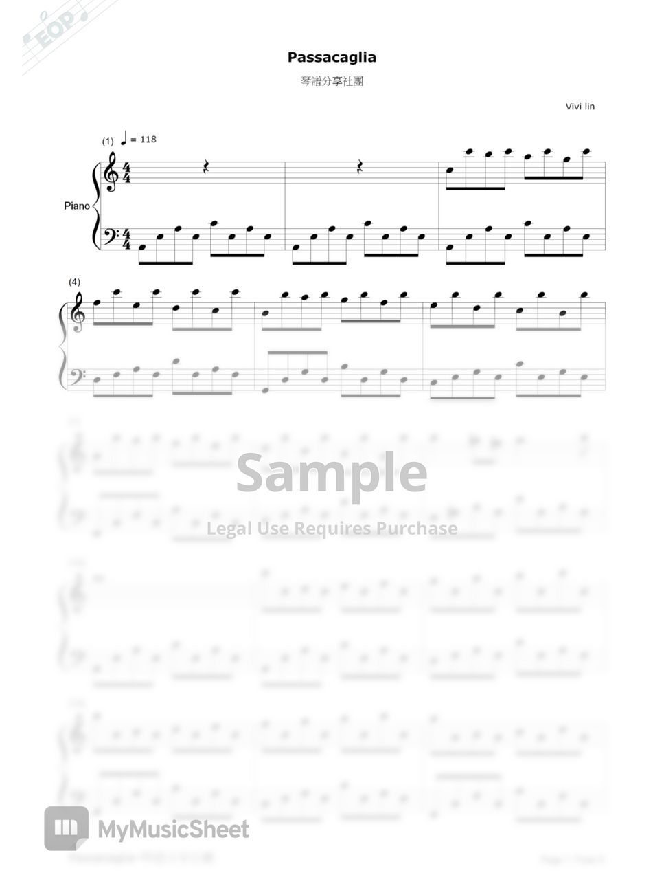 G. F. Handel - Passacaglia帕薩卡利亞舞曲，C大調，五線譜+簡譜 by Vivi Lin