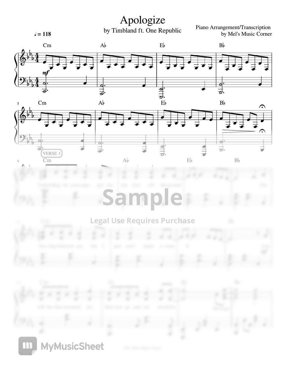 Timabland feat. One Republic - Apologize (piano sheet music) by Mel's Music Corner
