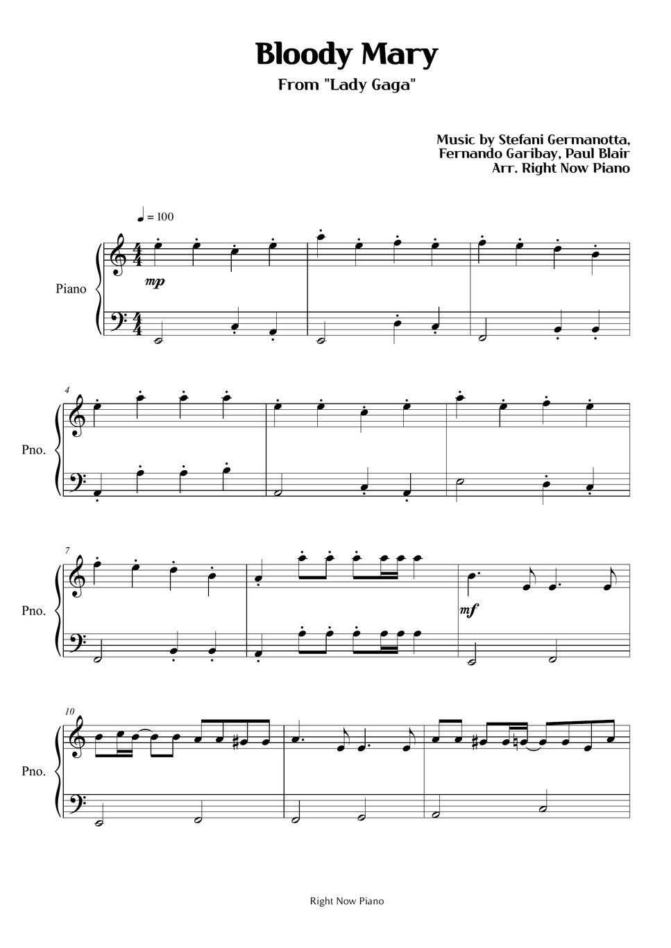 Lady Gaga - Bloody Mary (Short Ver.) 樂譜 by Right Now Piano