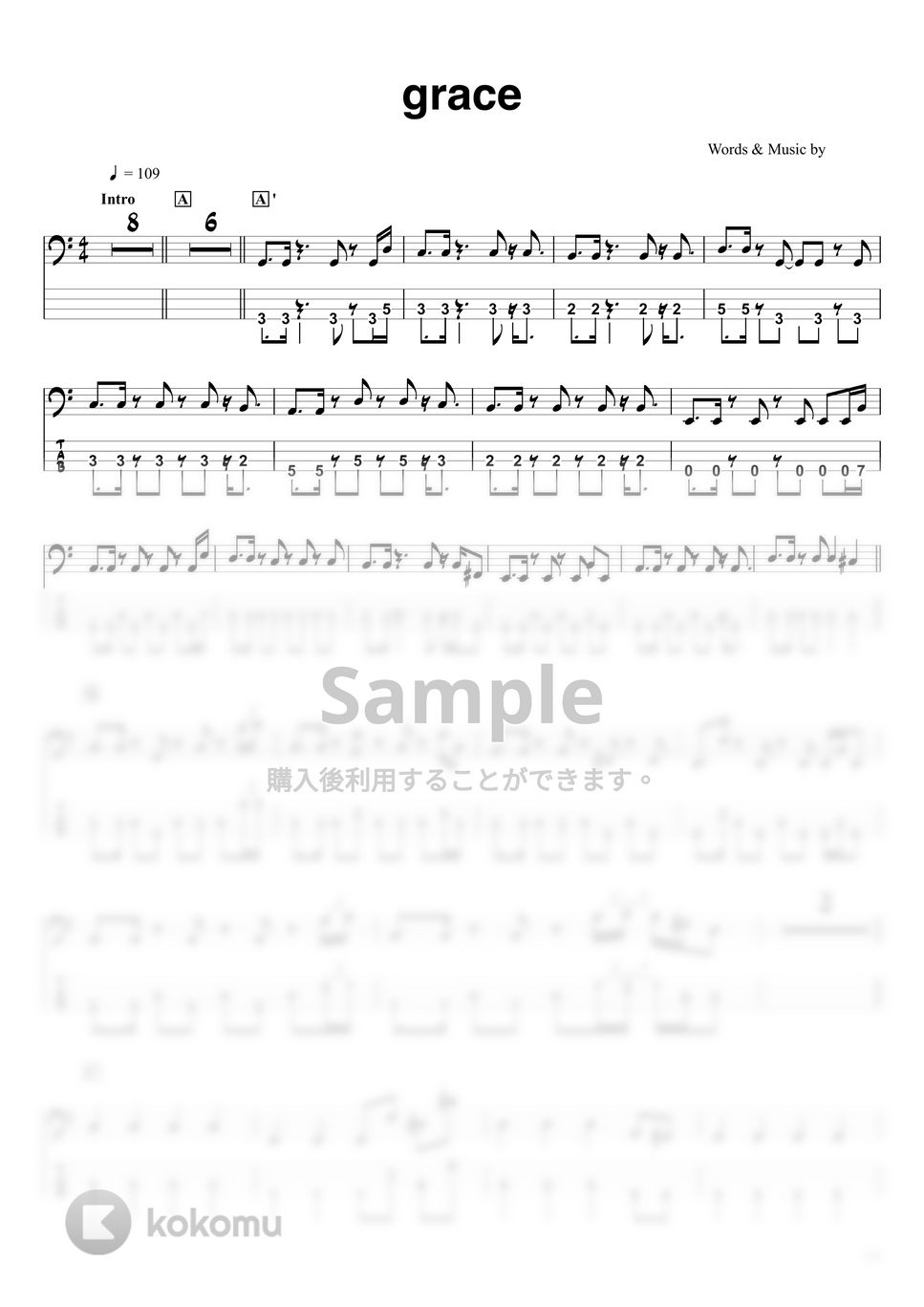 藤井 風 - grace (ベースTAB譜☆4弦ベース対応) 楽譜 by swbass