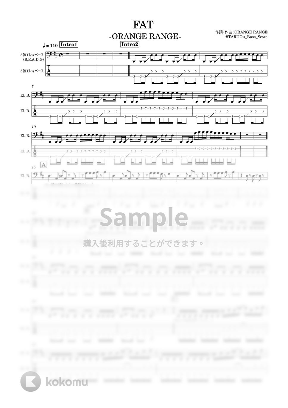 ORANGE RANGE - FAT(5弦) (ベース/TAB/ORANGE RANGE) by TARUO's_Bass_Score