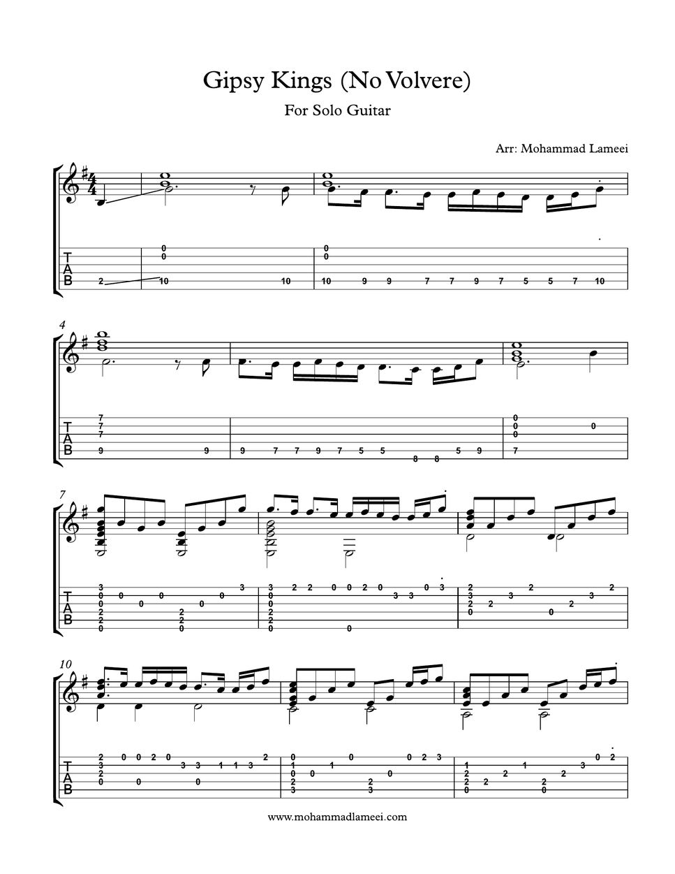 Gipsy Kings No volvere Tab + pontuação de linha única by Mohammad Lameei