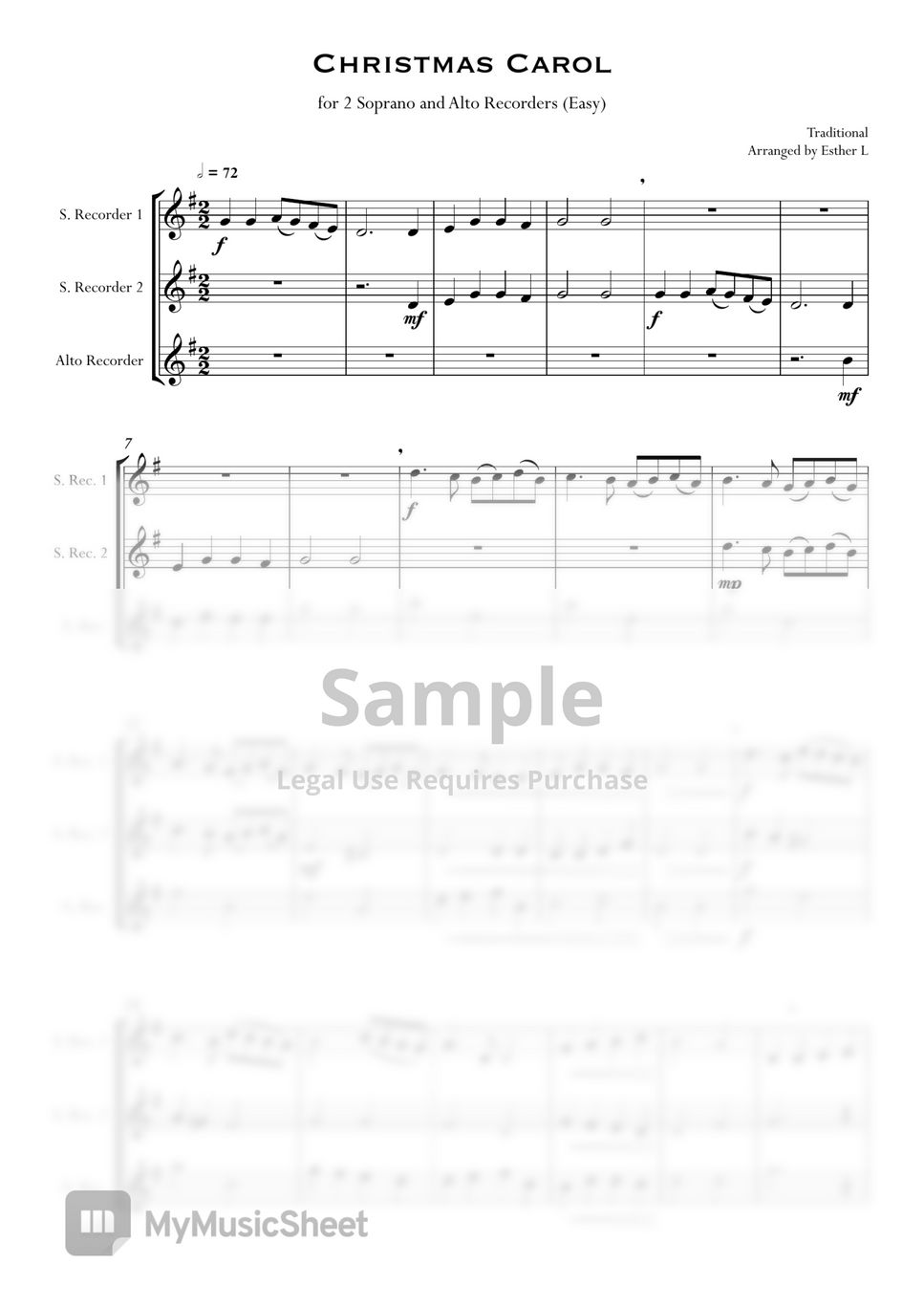 Traditional - Christmas Carol for Recorder (SSA) (Easy) by Your Own Fantasia