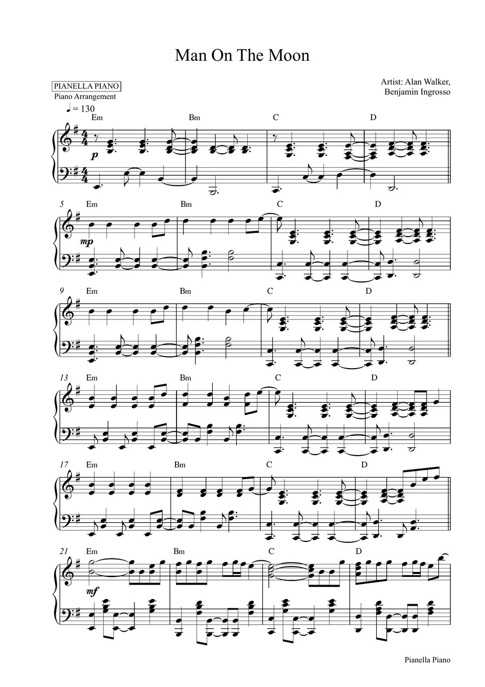 Alan Walker x Benjamin Ingrosso Man On The Moon (Piano Sheet) 樂譜 by Pianella Piano