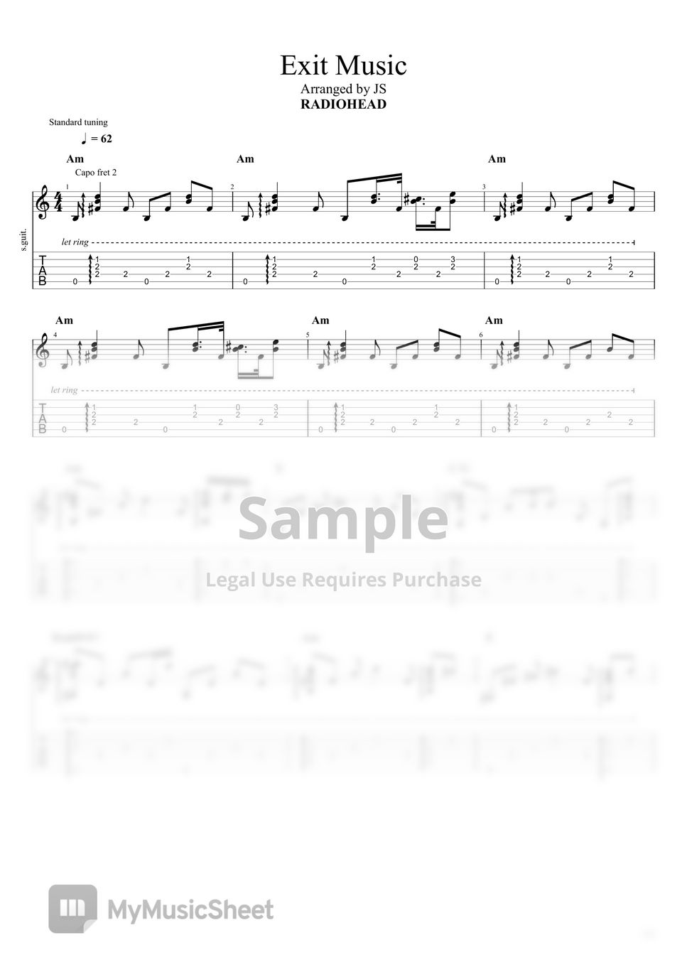 OK Computer RADIOHEAD Exit Music (Fingerstyle Guitar) Tab + 단선 악보