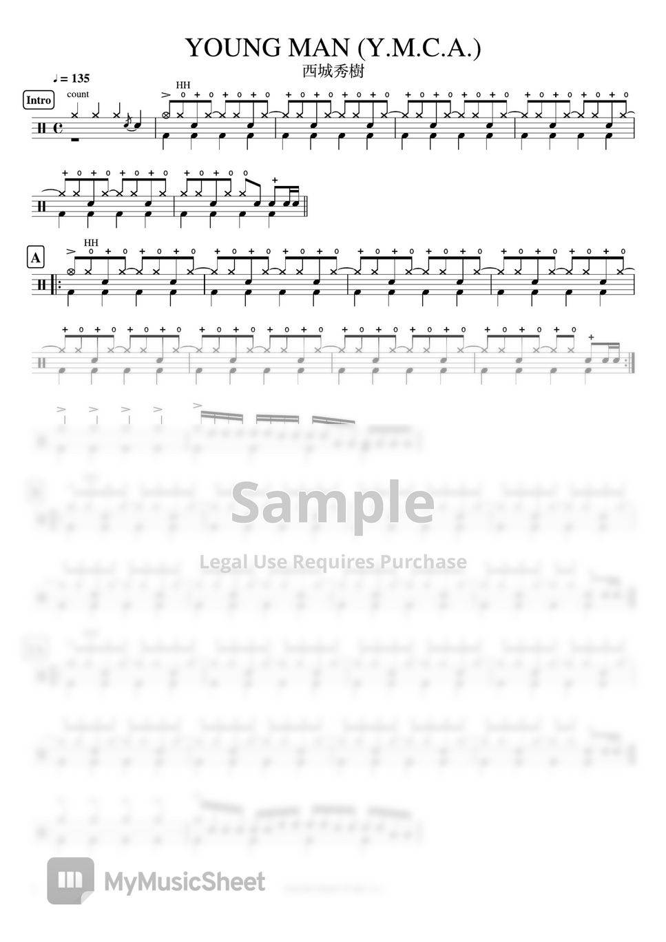 HIDEKI SAIJOU / 西城秀樹 - YOUNG MAN (Y.M.C.A.) by Cookai's J-pop Drum sheet music!!!