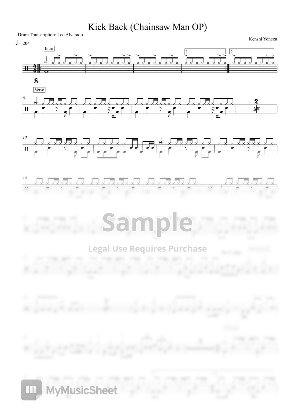 Kenshi Yonezu Kick Back (Chainsaw Man OP) Sheets by Drum