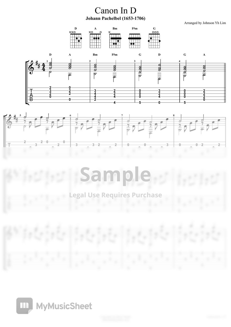 Johann Pachelbel Canon In D Major (Guitar Fingerstyle) Tab + 단선 악보 by