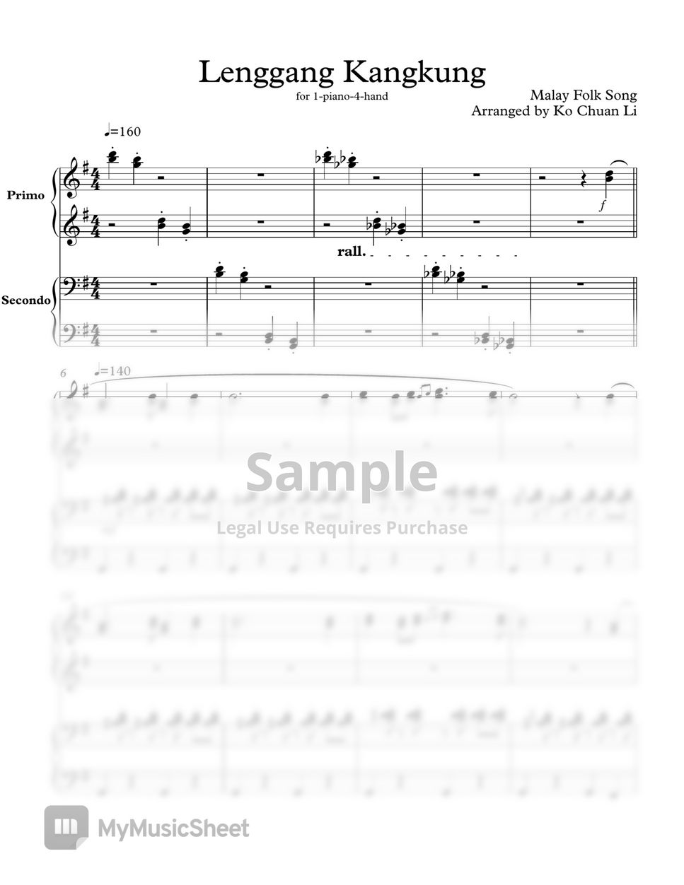 Malaysian folk tune - Lenggang Kangkung for 1 piano 4 hands by Chuan-Li Ko