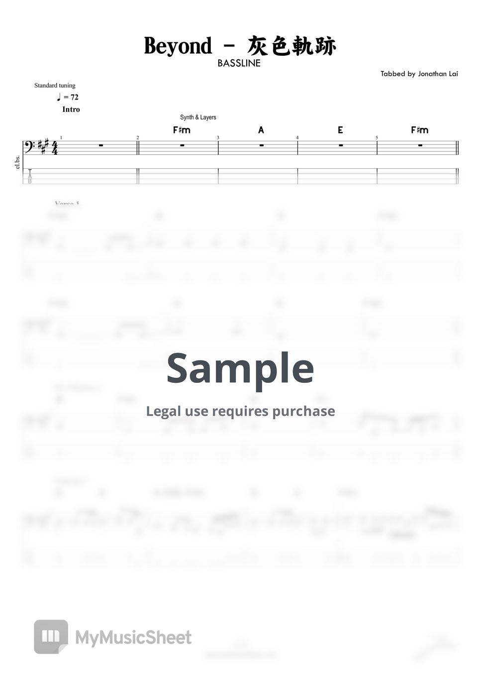 Beyond - 灰色軌跡 (Bass Guitar Score 低音結他譜) by Jonathan Lai