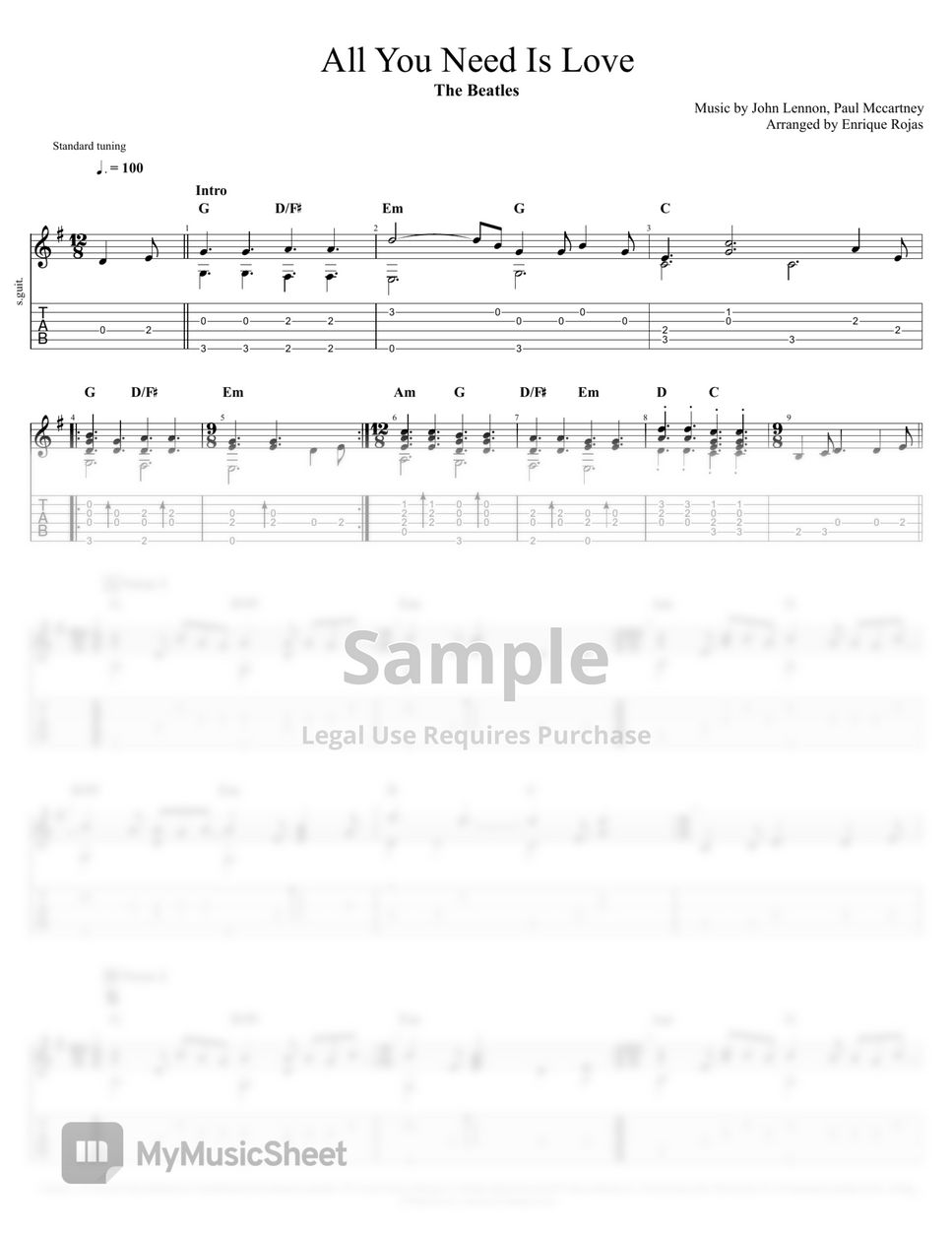 The Beatles All You Need Is Love Tab + 1staff by Enrique Rojas