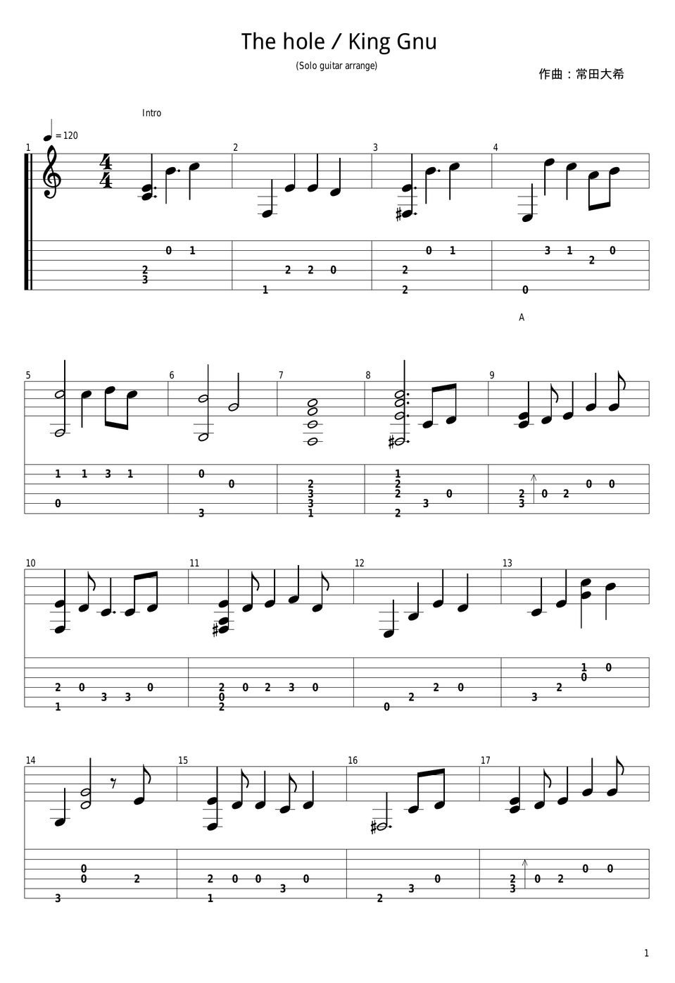 king Gnu The hole タブ + 五線譜 by こんどぅー
