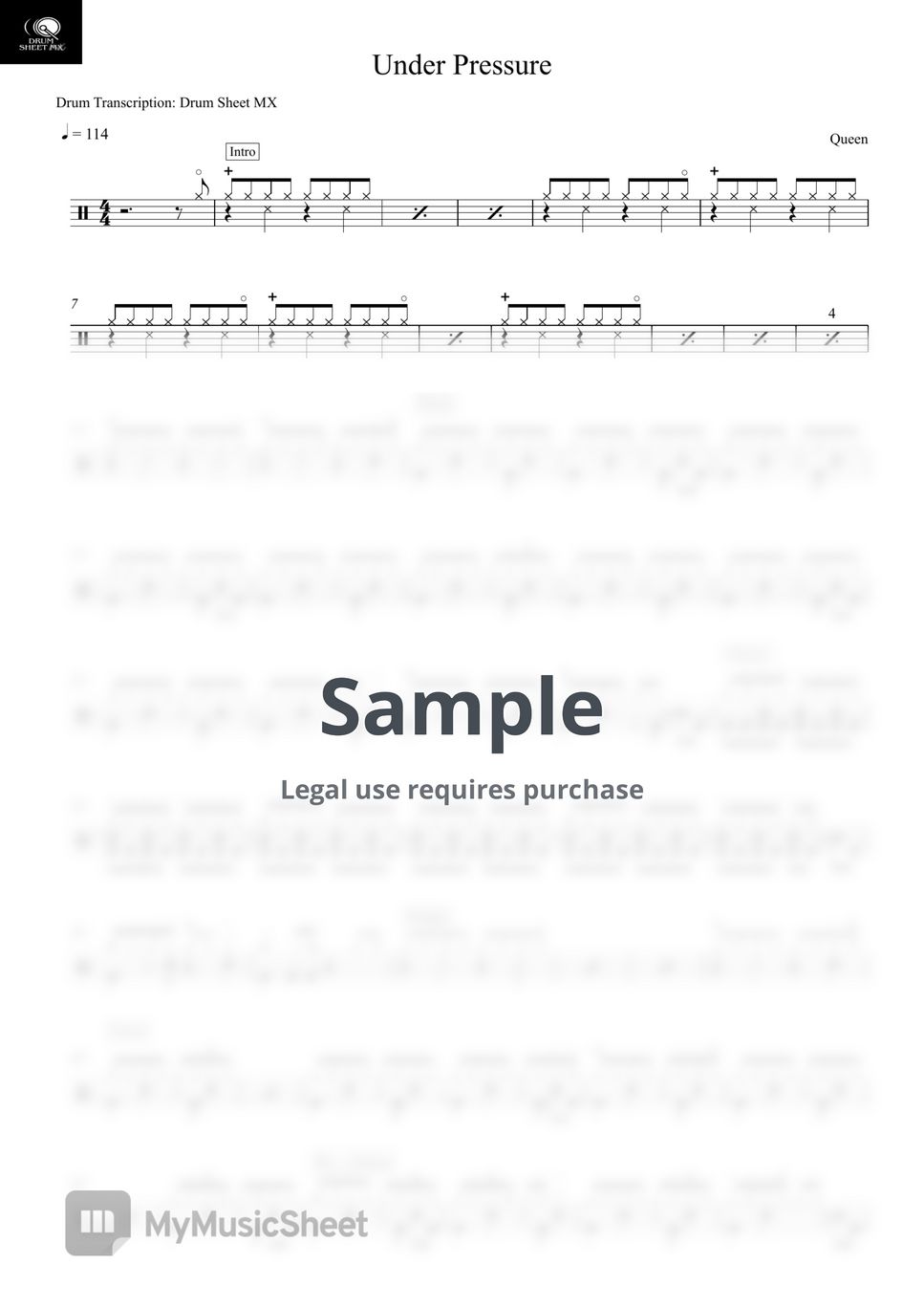 Queen - Under Pressure by Drum Transcription: Drum Sheet MX