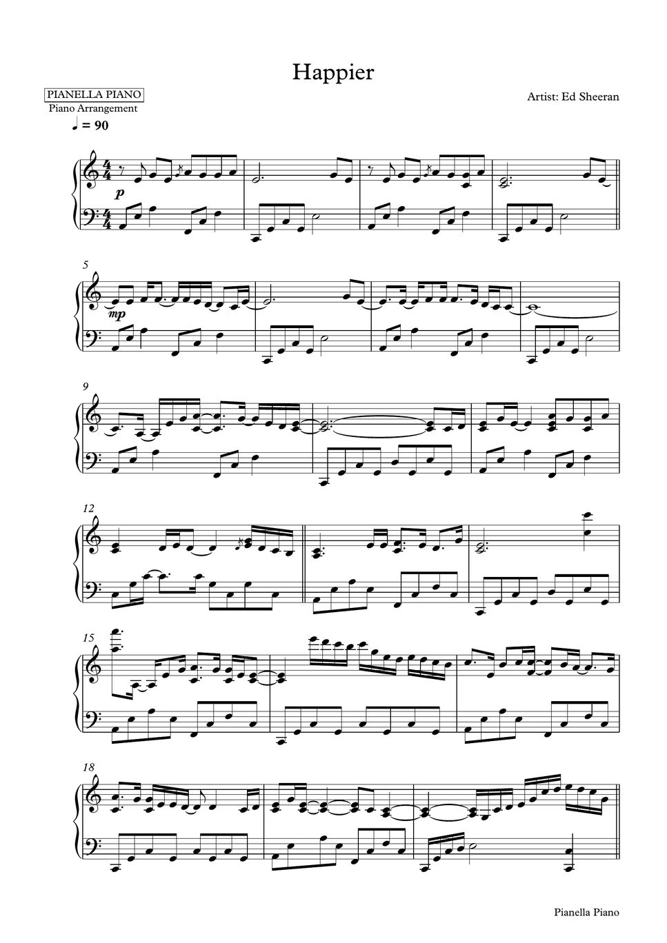 Ed Sheeran - Happier (Piano Sheet) Sheet by Pianella Piano